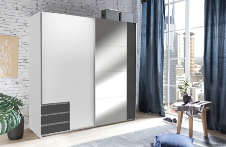 Wimex, Wimex Schwebetürenschrank »Emden«, mit Schubkästen, MID.YOU Schwebetürenschrank in graphitfarben, weiss , Emden , Kunststoff , 4 Fächer , 3 Schubladen , 180x198x64 cm , Dekorfolie,Nachbildung , 001787042403