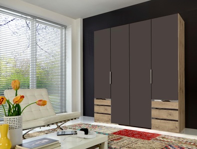 fresh to go, Fresh To Go Kleiderschrank »Level«, MID.YOU Drehtürenschrank in graphitfarben, eichefarben , Level 36A , Holzwerkstoff , 4 Fächer , 6 Schubladen , 200x236x58 cm , Dekorfolie,Dekorfolie,Nachbildung,Nachbildung , umfangreiches Zubehör erhältlich, In verschiedenen Grössen erhältlich