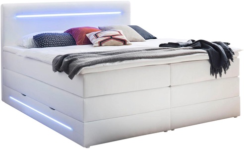 meise.moebel, home24 Boxspringbett Lights, Boxspringbett «Pulse» mit Bettkasten, Matratze fest bis hart, 180 x 200 cm, weiss