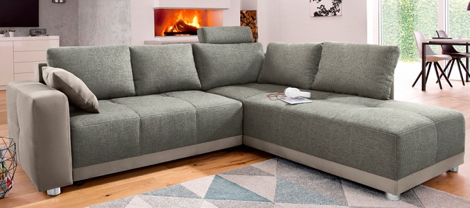 PLACES OF STYLE, Places of Style Ecksofa, mit Bettfunktion, Bettkasten und Federkern, wahlweise mit 1 oder 3 Kopfstützen, Ottomane links oder rechts montierbar, Places of Style Ecksofa, mit Bettfunktion, Bettkasten und Federkern, wahlweise mit 1 oder 3 Kopfstützen, Ottomane links oder rechts montierbar