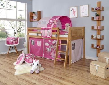 TICAA, Ticaa Hochbett »Eric«, Ticaa Hochbett »Eric«, mit Rollrost und Textil-Set wahlweise mit Matratze, Buche