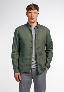 Eterna, ETERNA LANGARM HEMD SLIM FIT UPCYCLING SHIRT LEINEN OLIVGRÜN UNIFARBEN, 