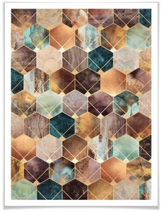 Wall-Art, Wall-Art Poster »Hexagone Gold Kupfer«, Schriftzug, (1 St.), Wall-Art Poster »Hexagone Gold Kupfer«, Schriftzug, (1 St.), Poster ohne Bilderrahmen
