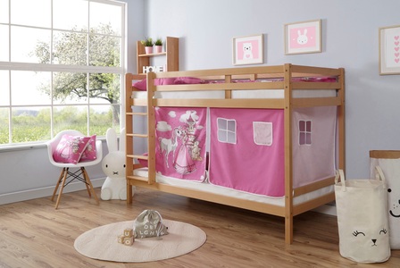 TICAA, Ticaa Etagenbett »Rene«, Ticaa Etagenbett »Rene«, mit Rollrost und Textil-Set wahlweise mit Matratze, Buche