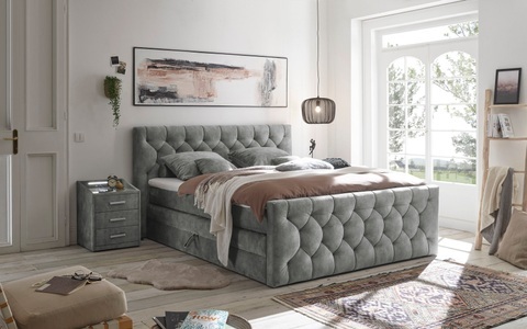 MID.YOU, MID.YOU Boxspringbett 180/200 cm in grau , Cashfield 8 , 180 cm , 002220049103, MID.YOU Boxspringbett 180/200 cm in grau , Cashfield 8 , Textil , H2+H2=mittel bis ca.80kg , 180 cm , Mikrovelours,Mikrovelours,Mikrovelours , Bettkasten, gepolstertes Kopfteil, Federkernmatratze, Topper durchgehend , 002220049103