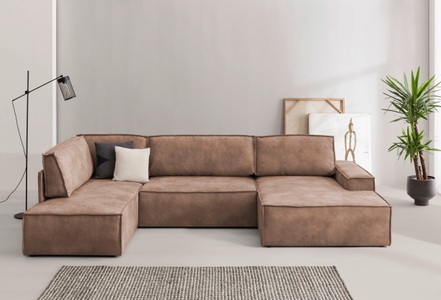 HOME AFFAIRE, Home affaire Wohnlandschaft »SHERWOOD«, mit Bett-Funktion (Liegefläche 194x139 cm), mit 4 losen Rückenkissen, Home affaire Wohnlandschaft »SHERWOOD XXL 329 cm, U-Form, Schlafsofa,«, Schlaffunktion m. Bettkasten (194x139 cm), Cord, Vintage, Samtvelours