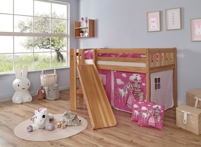 TICAA, Ticaa Hochbett »Ekki«, Ticaa Hochbett »Ekki«, mit Rollrost und Textil-Set wahlweise mit Matratze, Buche