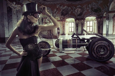 Papermoon, Papermoon Fototapete »STEAMPUNK-FRAU SEXY FANTASIE SURREAL KUNST RETRO AUTO«, Vliestapete, hochwertiger Digitaldruck, inklusive Kleister, Papermoon Fototapete »STEAMPUNK-FRAU SEXY FANTASIE SURREAL KUNST RETRO AUTO«