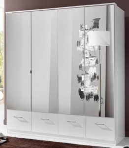 Wimex, home24 Drehtuerenschrank Rajmi (mit Spiegel), MID.YOU Drehtürenschrank in weiss , Imago , Glas, Holzwerkstoff , 3 Fächer , 4 Schubladen , 180x199.5x58 cm , Dekorfolie,Dekorfolie,Nachbildung,Nachbildung,Nachbildung , Beimöbel erhältlich, In verschiedenen Grössen erhältlich , 001787054214