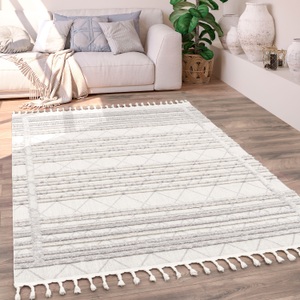 Paco Home Teppich »Auckland 292«, rechteckig, Kurzflor, gestreift, Rauten Design, Hoch-Tief-Effekt, mit Fransen