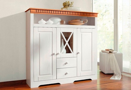 Home affaire Highboard »Lisa«, aus massivem Kiefernholz, mit dekorativen Fräsungen an der Topplatte