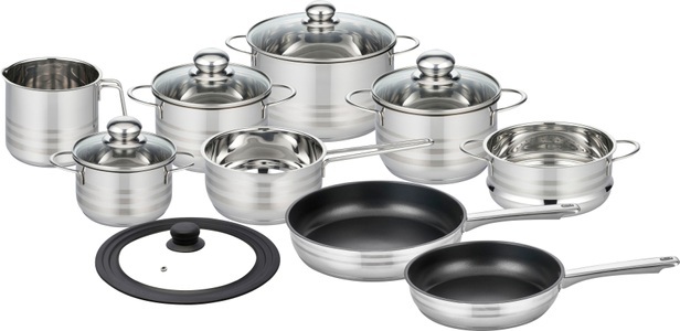 Elo - Basic, Elo Basic Topf-Set »Brillant«, Edelstahl, (Set, 14 tlg.), Induktion, Elo Basic Topf-Set »Brillant«, Edelstahl, (Set, 14 tlg., 4 Töpfe, Kasserolle, 1 Milchtopf, 2 Pfannen, 1 Dünsteinsatz, 1 Deckel), Induktion