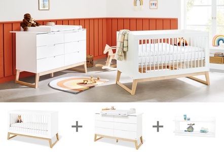 Pinolino, Pinolino® Babymöbel-Set »Bridge«, (Spar-Set, 3 St., Kinderbett, Wickelkommode, Wandregal), extrabreit mit Kinderbett, Wickelkommode und Wandregal; Made in Europe, 