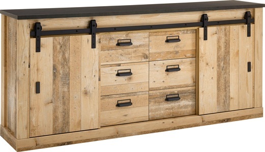 HOME AFFAIRE, Home affaire Sideboard »SHERWOOD«, modernes Holz Dekor, mit Scheunentorbeschlag aus Metall, Breite 201 cm, Home affaire Sideboard »SHERWOOD«, modernes Holz Dekor, mit Scheunentorbeschlag aus Metall, Breite 201 cm