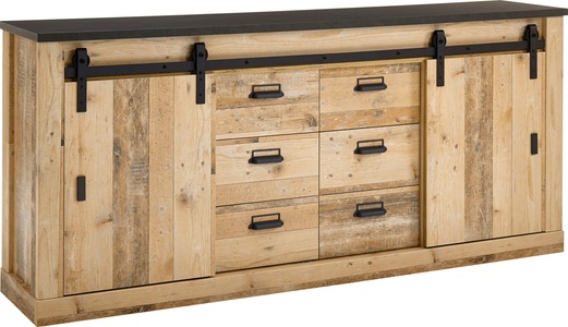 HOME AFFAIRE, Home affaire Sideboard »SHERWOOD«, modernes Holz Dekor, mit Scheunentorbeschlag aus Metall, Breite 201 cm, Home affaire Sideboard »SHERWOOD«, modernes Holz Dekor, mit Scheunentorbeschlag aus Metall, Breite 201 cm