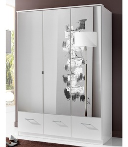 Wimex, home24 Drehtuerenschrank Rajmi (mit Spiegel), MID.YOU Drehtürenschrank in weiss , Imago , Glas, Holzwerkstoff , 3 Fächer , 3 Schubladen , 135x199.5x58 cm , Dekorfolie,Dekorfolie,Nachbildung,Nachbildung,Nachbildung , Beimöbel erhältlich, In verschiedenen Grössen erhältlich , 001787054213