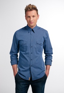 Eterna, ETERNA LANGARM HEMD SLIM FIT UPCYCLING SHIRT FAKE DENIM JEANSBLAU, 