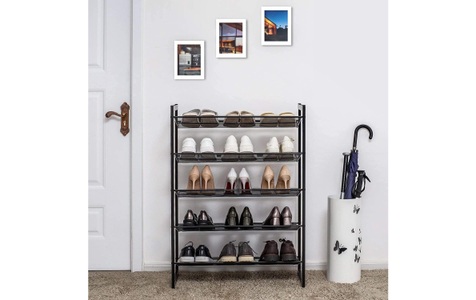 SONGMICS, Songmics - 5-stöckiges Schuhregal, erweiterbarer Schuhständer aus Metall, verstellbare Schuhablage, für 15-20 Paar Schuhe, kurze Stiefel, Pumps, 74 x 104 x 30,7 cm, schwarz, LMR005B, SONGMICS Schuhregal