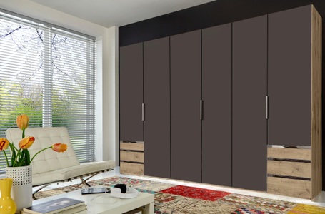 fresh to go, Fresh To Go Kleiderschrank »Level«, MID.YOU Drehtürenschrank in graphitfarben, eichefarben , Level 36A 300Cm Graphit/Eiche , Metall , 3 Fächer , 6 Schubladen , 300x216x58 cm , Dekorfolie,Nachbildung , umfangreiches Zubehör erhältlich, In verschiedenen Grössen erhältlich, in versc