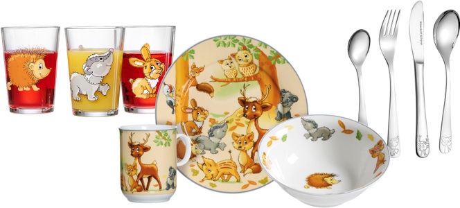 RITZENHOFF & BREKER, Ritzenhoff & Breker Kindergeschirr-Set »Waldtiere«, (Set, 10 tlg.), mit Besteck und Trinkgläsern, Ritzenhoff & Breker Kindergeschirr-Set »Waldtiere«, (Set, 10 tlg.), mit Besteck und Trinkgläsern