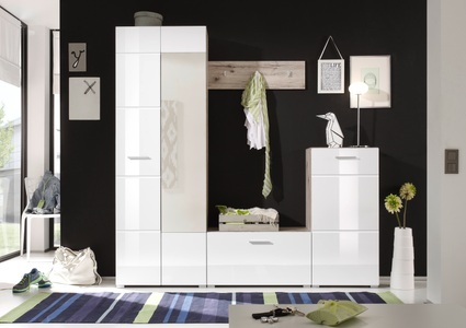 Xora, Garderobe in Weiß, HBZ Kompaktgarderobe »SIXX Weiss Hochglanz, Flurgarderobe mit Spiegel, BxHxT 195x195x36 cm«, (1 St.), Mit Hochschrank mit Spiegel, Bank, Paneel und Kommode
