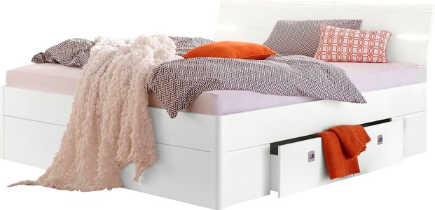 lipo, Bett MEILEN, MID.YOU Stauraumbett 140/200 cm in weiss , weiß , Holzwerkstoff , 140 cm , Dekorfolie,Nachbildung , Beleuchtung , 002522012012