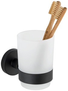 Wenko - Zahnputzbechermit Halter Uno Bosio Black matt, Edelstahl rostfrei