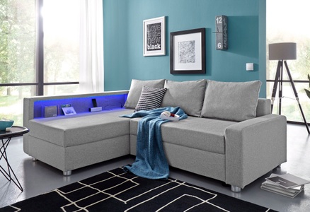COLLECTION AB, COLLECTION AB Ecksofa, inklusive Bettfunktion, Bettkasten und Federkern, wahlweise mit RGB-LED-Beleuchtung und USB-Port, Inklusive seitlichem Regalboden, Ottomane links oder rechts montierbar, COLLECTION AB Ecksofa »Relax L-Form« inklusive Bettfunktion, Federkern, wahlweise mit RGB-LED-Beleuchtung
