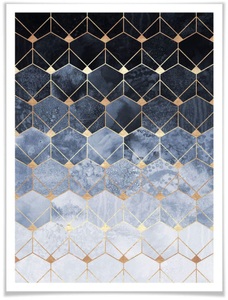 Wall-Art, Wall-Art Poster »Hexagon Blau Gold«, Schriftzug, (1 St.), Wall-Art Poster »Hexagon Blau Gold«, Schriftzug, (1 St.), Poster ohne Bilderrahmen