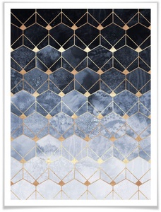 Wall-Art, Wall-Art Poster »Hexagon Blau Gold«, Schriftzug, (1 St.), Wall-Art Poster »Hexagon Blau Gold«, Schriftzug, (1 St.), Poster ohne Bilderrahmen