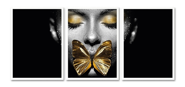 LEONIQUE, Leonique Bild mit Rahmen »Gesicht Schmetterling Goldfarben - Gerahmter Digitaldruck - Wandbild«, (3er-Set), 3x 30x40 cm - Holzrahmen - Dekoration - Weisser Rahmen - Triptychon, Leonique Bild mit Rahmen »Gesicht Schmetterling Gold - Gerahmter Digitaldruck - Wandbild«, Bilder von Frauen-Frau-Schwarz-Weiss-Schmetterlinge-Gesicht, (3er-Set), Premium Poster 3er Set mit Naturholzrahmen, Handarbeit aus Deutschland
