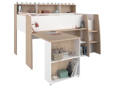 Vente-unique, Kombibett - 90 x 200 cm - mit Schreibtisch & Stauraum - Weiß & Holzfarben - APOLINO Kombibett - 90 x 200 cm - mit Schreibtisch & Stauraum - Weiß & Holzfarben - APOLINO, Bettkombi LARA 90x200cm weiss