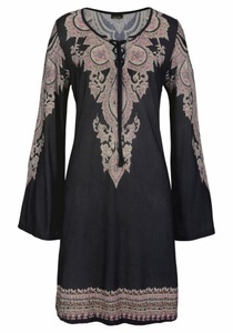 Lascana, LASCANA Strandkleid, LASCANA Jerseykleid, mit Bordürendruck und Schnürung am Ausschnitt, Sommerkleid