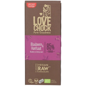 Lovechock, Lovechock Bio rohe Schokolade, Blaubeere-Hanfsaat, Tafel, LOVECHOCK Blaubeere & Hanfsaat 85% Kakao
