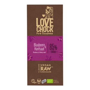 Lovechock, Lovechock Bio rohe Schokolade, Blaubeere-Hanfsaat, Tafel, LOVECHOCK Blaubeere & Hanfsaat 85% Kakao