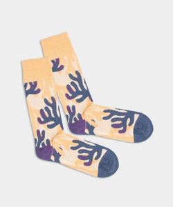 DillySocks, DillySocks - Socken MOONSHINE CORAL - beige/off-white/graublau - Biobaumwolle/Polyamid (PA)/Elastan, - Socken in Gelb mit Pflanze Motiv/Muster