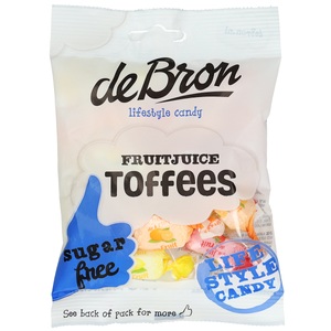 De bron, De Bron Fruitjuice Toffees, 90g, de Bron Fruitjuice Toffees sugarfree 90g