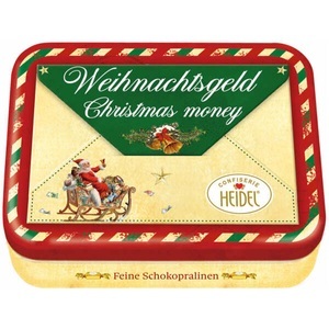 Confiserie Heidel, Heidel Gutschein Dose Weihnachten mit rotem Briefumschlag 32g, Heidel Gutschein Dose Weihnachten mit grünem Briefumschlag 32g