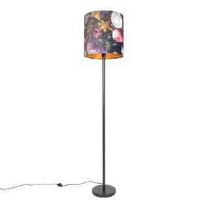 QAZQA, Romantische Stehleuchte schwarz mit Blumenschirm 40 cm - Simplo, Romantische Stehleuchte schwarz mit Blumenschirm 40 cm - Simplo