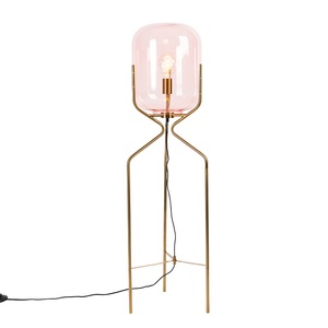 QAZQA, Art Deco Stehlampe Messing mit rosa Glas - Bliss, Art Deco Stehlampe Messing mit rosa Glas - Bliss