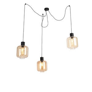 QAZQA, Design Hängelampe schwarz mit Braunglas 3-Licht 226 cm - Qara