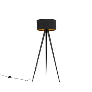 QAZQA, Schwarze Stehlampe mit schwarzem Schirm und goldenem Interieur - Tripe