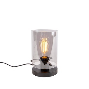QAZQA, Design Tischlampe schwarz mit Rauchglas - Kuppel