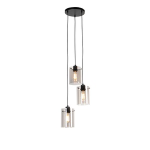 QAZQA, Design Hängelampe schwarz mit Rauchglas 3-Licht - Kuppel, Design Hängelampe schwarz mit Rauchglas 3-Licht - Kuppel