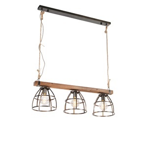 QAZQA, Industrielle Hängelampe schwarz mit Holz 3-Licht - Arthur, Industrielle Hängelampe schwarz mit Holz 3-Licht - Arthur