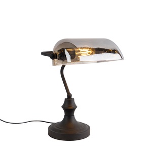 QAZQA, Klassische Notarlampe schwarz mit geräuchertem Spiegelglas - Banker