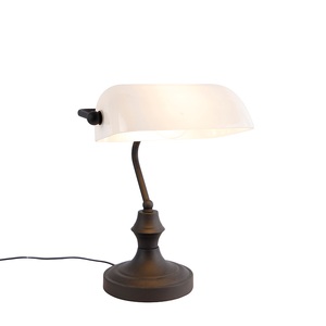 QAZQA, Klassische Notarlampe schwarz mit Opalglas - Banker, Klassische Notarlampe schwarz mit Opalglas - Banker