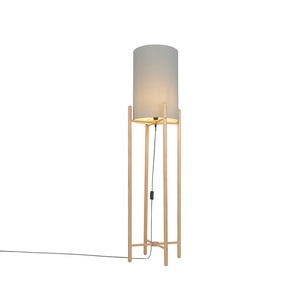 QAZQA, Land Stehlampe Holz mit grauem Schirm - Lengi
