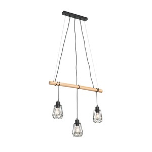 QAZQA, Land Hängelampe schwarz mit Holz 3-Licht - Dami Frame, Land Hängelampe schwarz mit Holz 3-Licht - Dami Frame