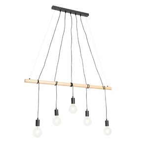 QAZQA, Land Hängelampe schwarz mit Holz 5-Licht - Dami, Land Hängelampe schwarz mit Holz 5-Licht - Dami
